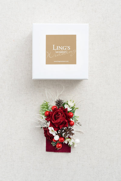 Pocket Square Boutonniere for Groom in Christmas Red & Sparkle | Clearance