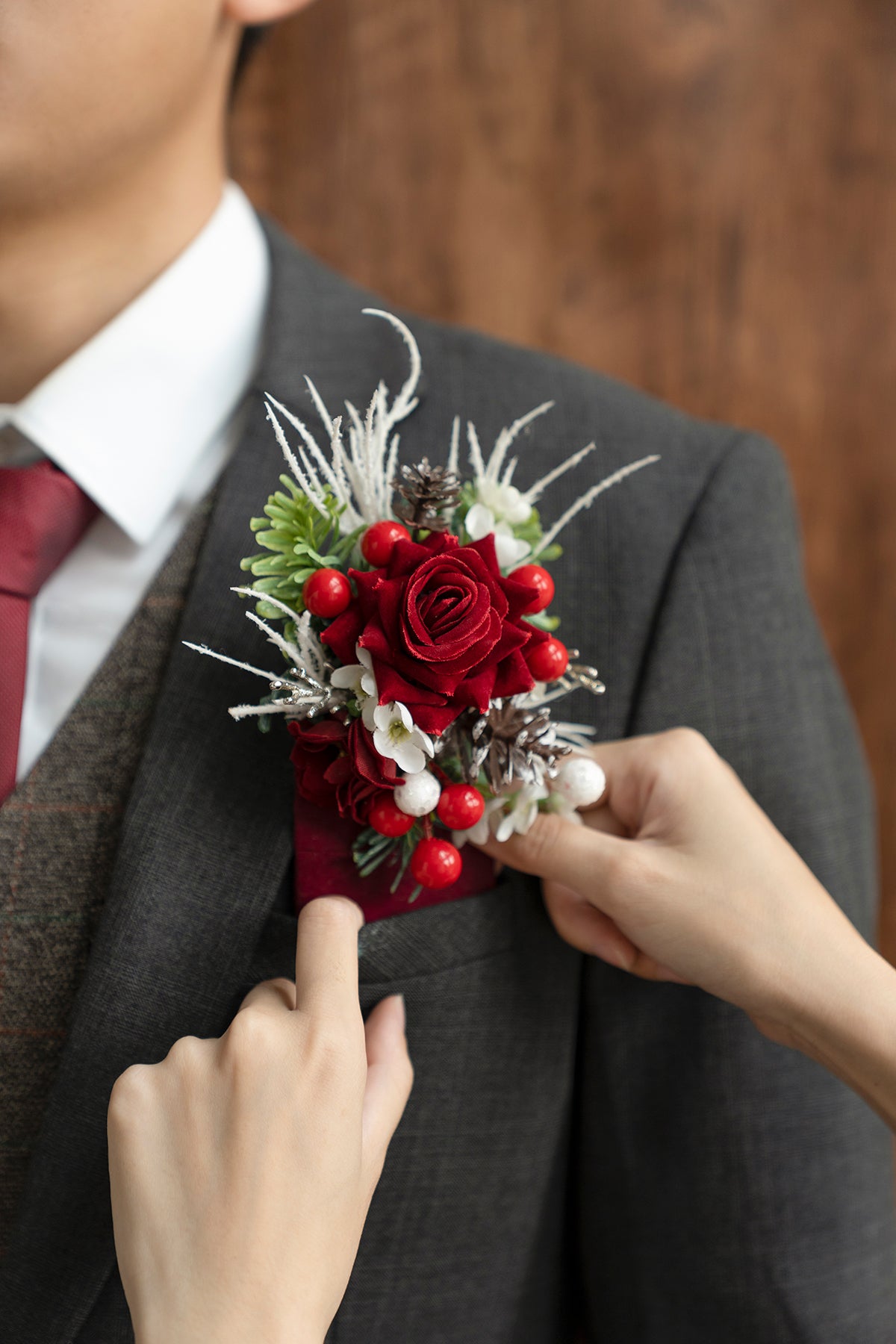 Pocket Square Boutonniere for Groom in Christmas Red & Sparkle | Clearance