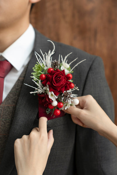 Pocket Square Boutonniere for Groom in Christmas Red & Sparkle | Clearance