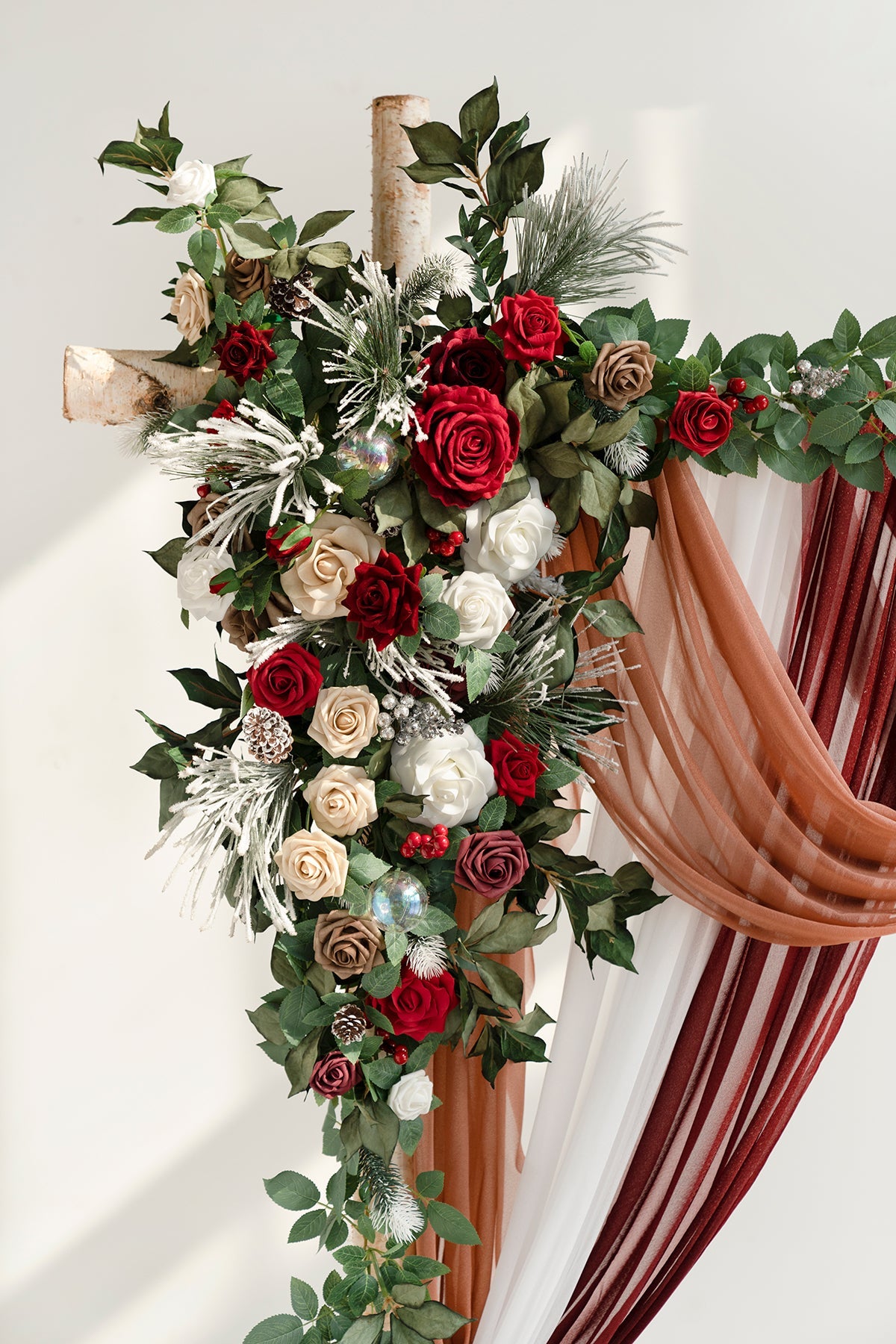 Flash Sale | Flower Arch Decor with Drapes in Christmas Red Sparkle