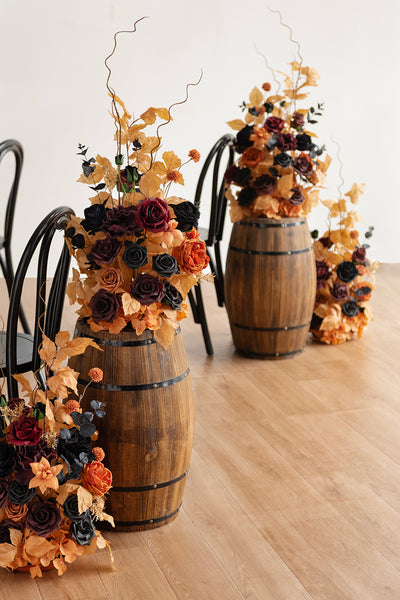 Oversized Free-Standing Ground Flower Arrangements in Black & Pumpkin Orange