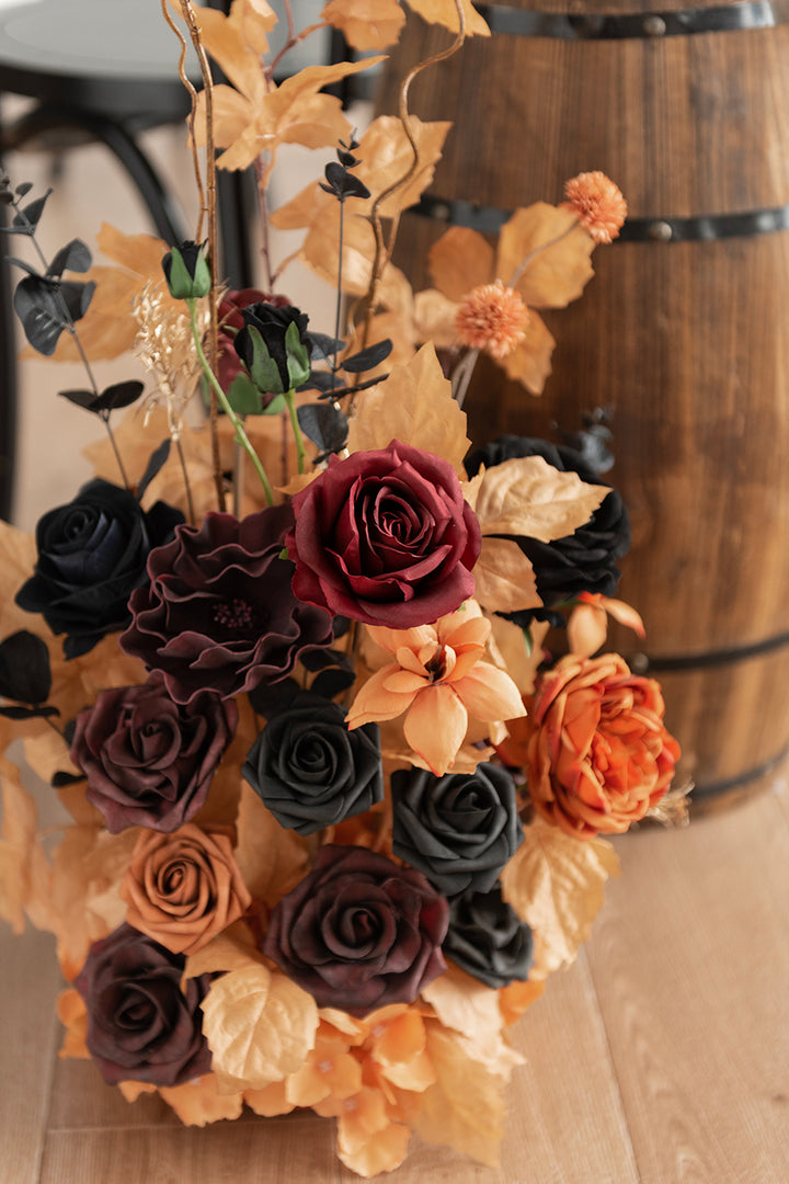 Oversized Free-Standing Ground Flower Arrangements in Black & Pumpkin Orange (Set of 6)