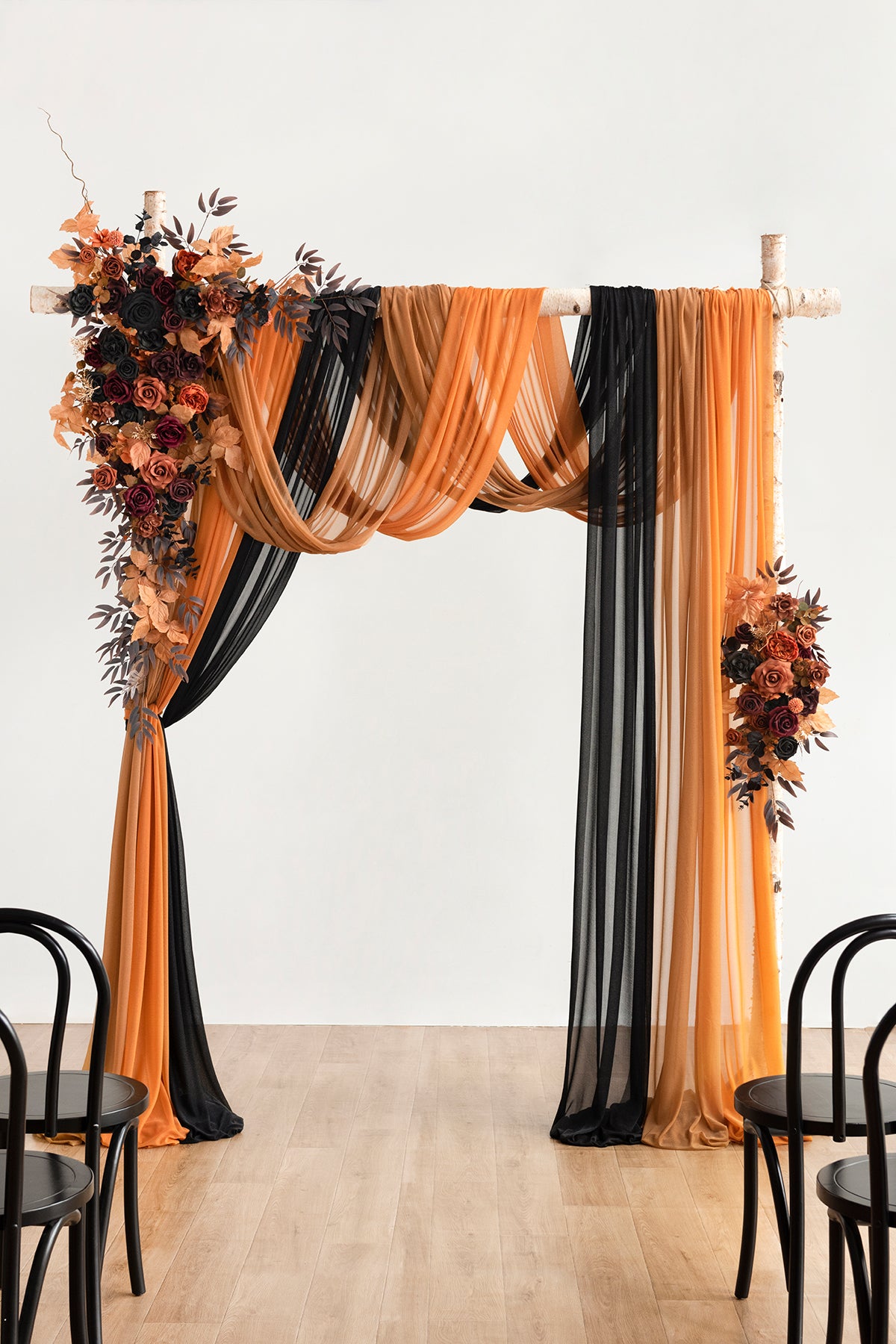 Flower Arch Decor with Drapes in Black & Pumpkin Orange
