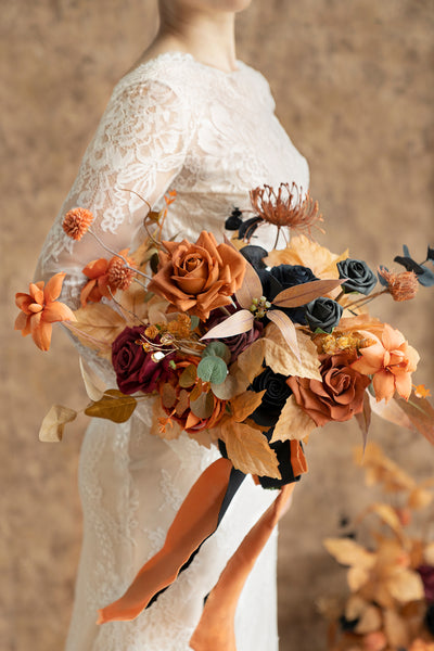 Small Free-Form Bridal Bouquet in Black & Pumpkin Orange