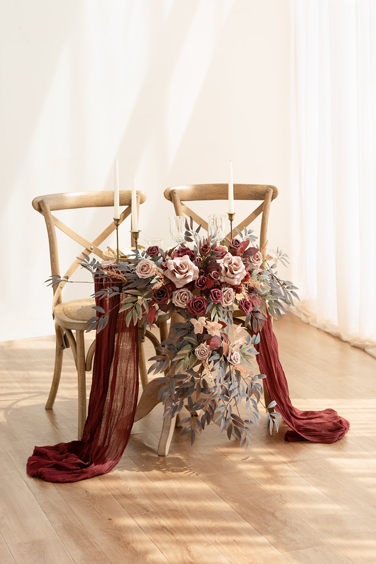 Sweetheart Table Floral Swags in Burgundy & Dusty Rose