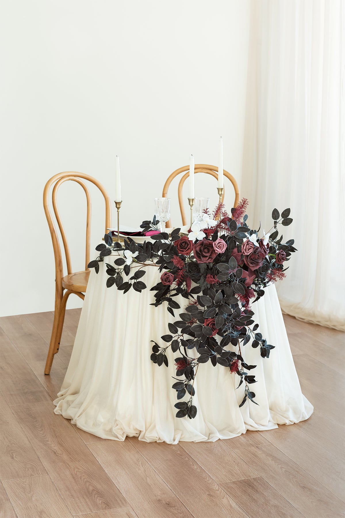 Sweetheart Table Floral Swags in Moody Burgundy & Black