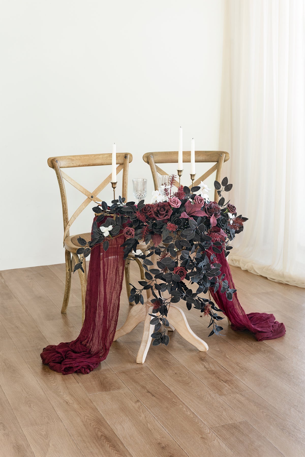 Sweetheart Table Floral Swags in Moody Burgundy & Black – Ling's Moment