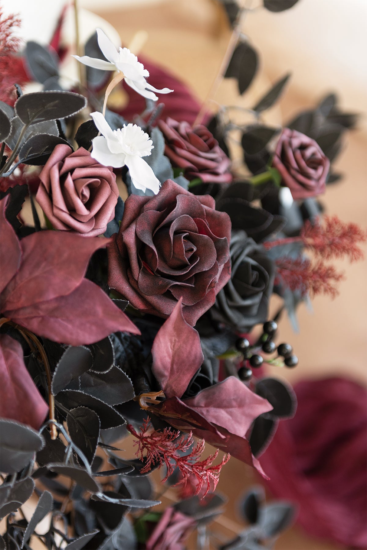 Sweetheart Table Floral Swags in Moody Burgundy & Black