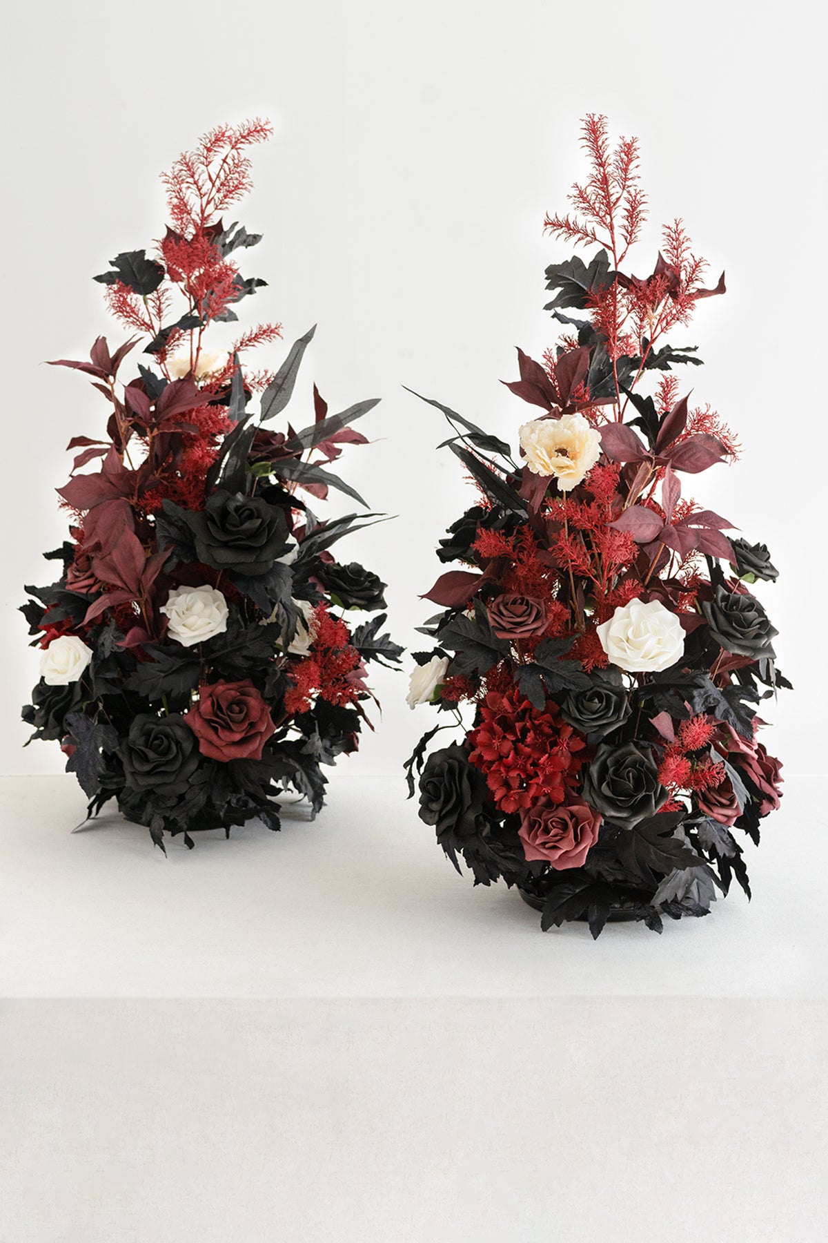 Oversized Free-Standing Flower Arrangements in Moody Burgundy & Black