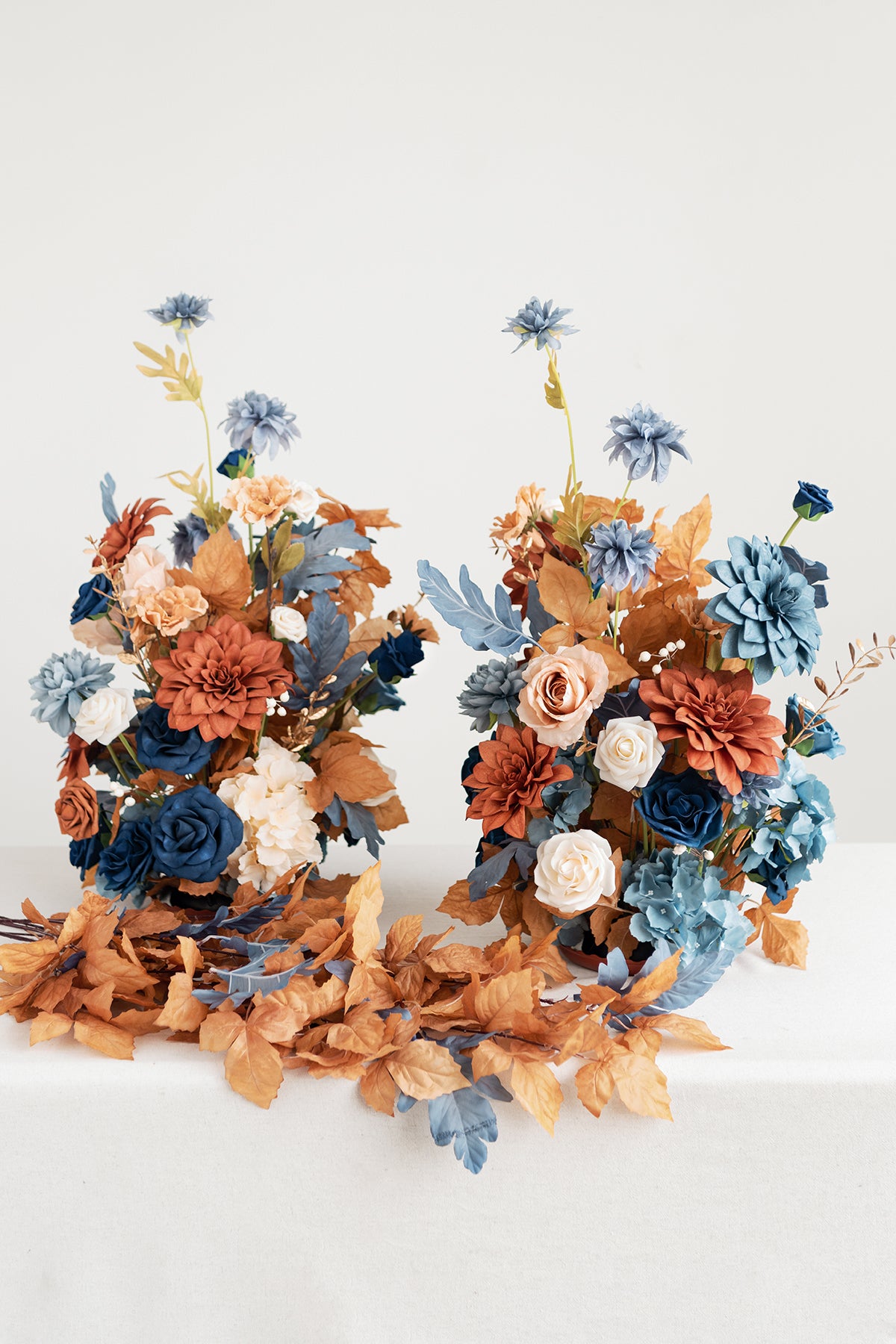 Oversized Free-Standing Flower Arrangements in Russet Orange & Denim Blue