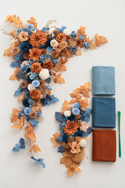 Flower Arch Decor with Drapes in Russet Orange & Denim Blue