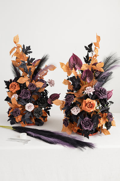 Oversized Free-Standing Ground Flower Arrangements in Twilight Purple & Harvest Orange