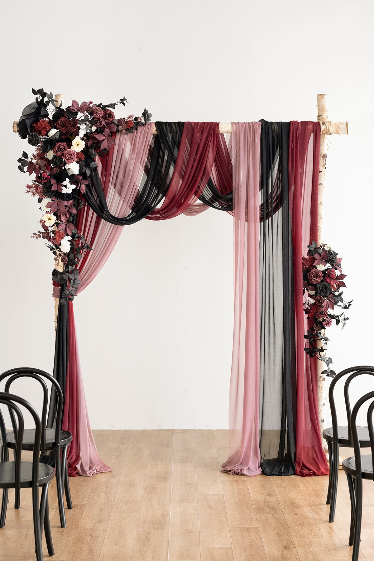 Flower Arch Decor with Drapes in Moody Burgundy & Black