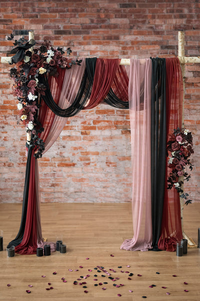 Flower Arch Decor with Drapes in Moody Burgundy & Black