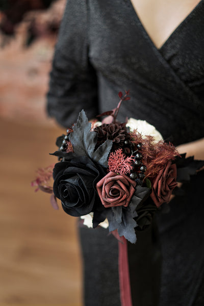 Round Bridesmaid Bouquets in Moody Burgundy & Black