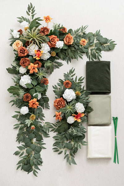 Flower Arch Decor with Drapes in Orange & Olive Green)| Clearance