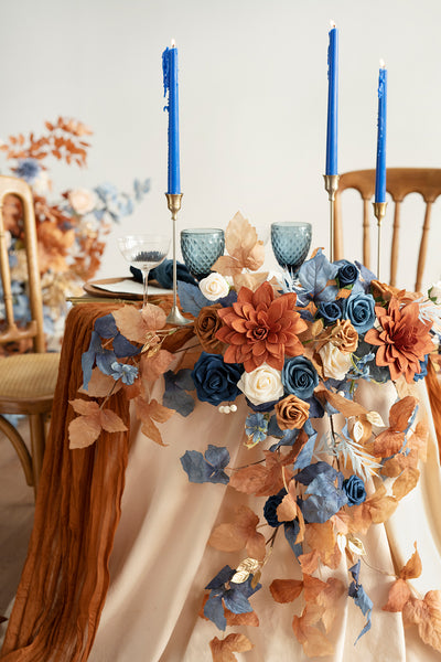 Sweetheart Table Floral Swags in Russet Orange & Denim Blue