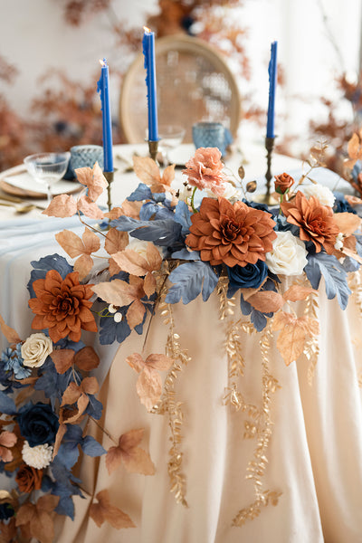 9ft Head Table Flower Garland in Russet Orange & Denim Blue
