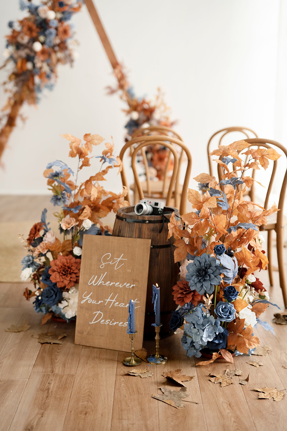 Oversized Free-Standing Ground Flower Arrangements in Russet Orange & Denim Blue