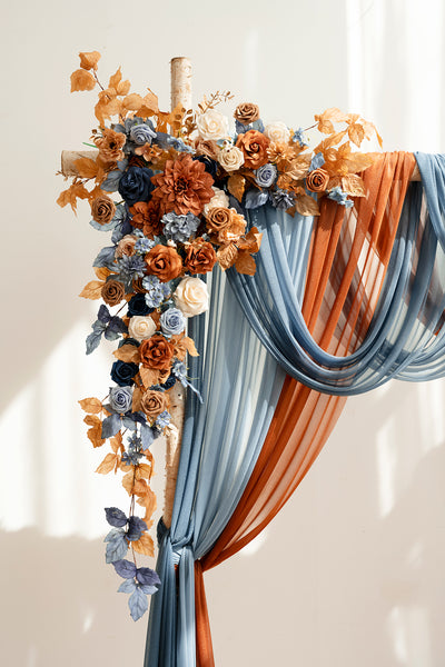 Flower Arch Decor with Drapes in Russet Orange & Denim Blue