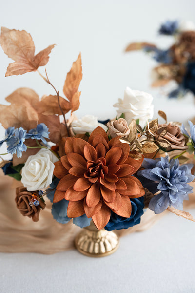 Large Floral Centerpiece Set in Russet Orange & Denim Blue