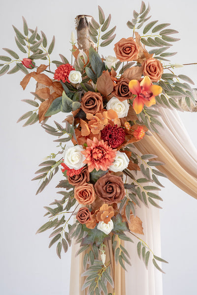 Flower Arch Decor with Drapes in Burnt Orange & Scarlet