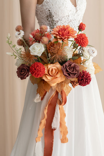 Small Free-Form Bridal Bouquet in Burnt Orange & Scarlet