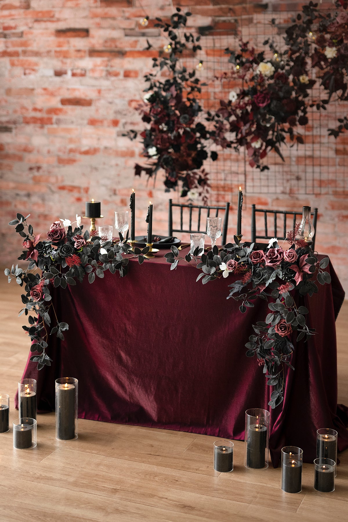 Sweetheart Table Floral Swags in Moody Burgundy & Black