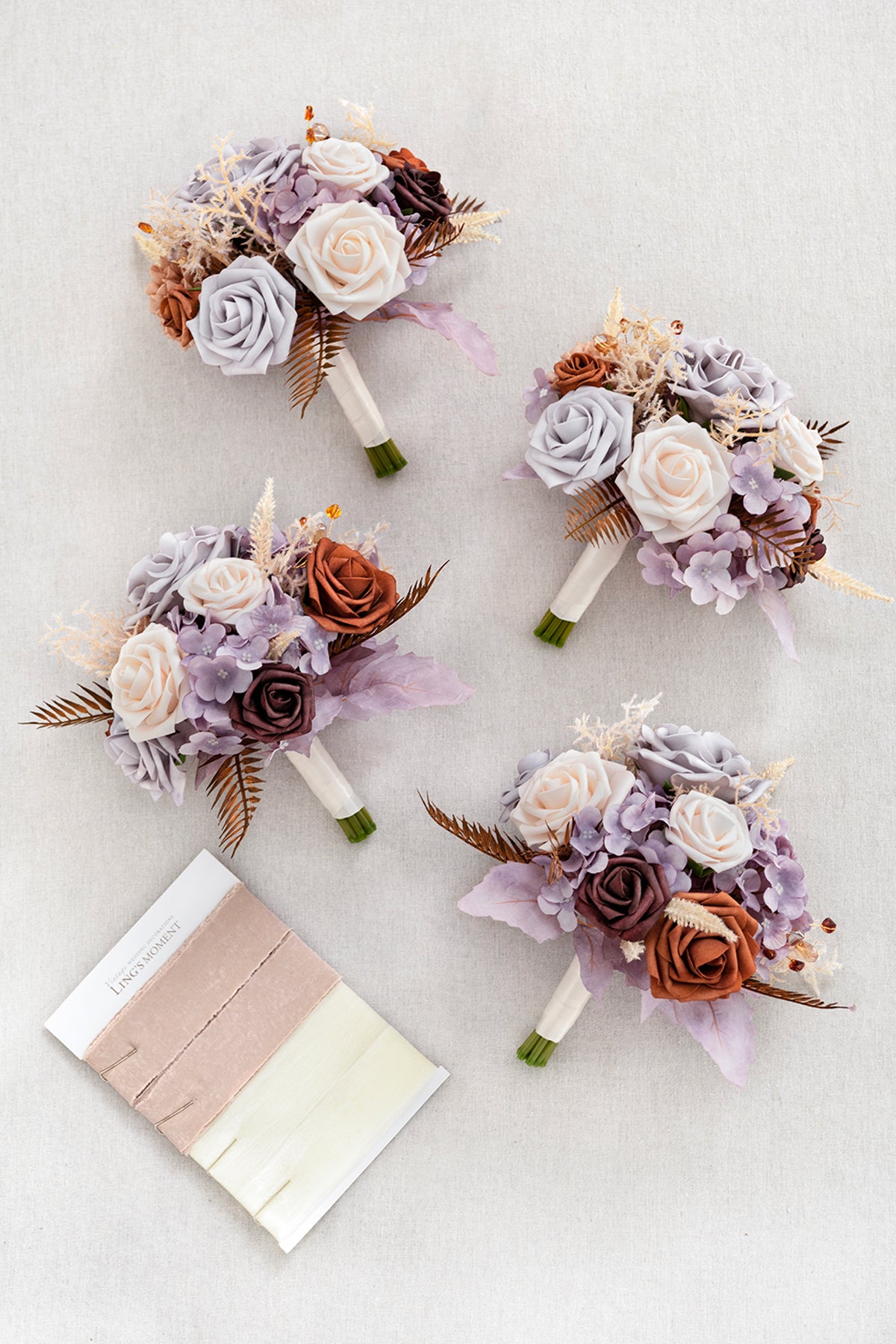 Round Bridesmaid Bouquets in Lavender Aster & Burnt Orange