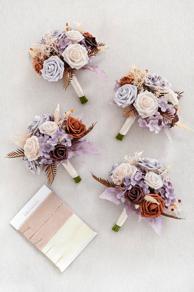 Round Bridesmaid Bouquets in Lavender Aster & Burnt Orange