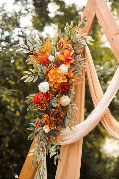 Flower Arch Decor with Drapes in Burnt Orange & Scarlet