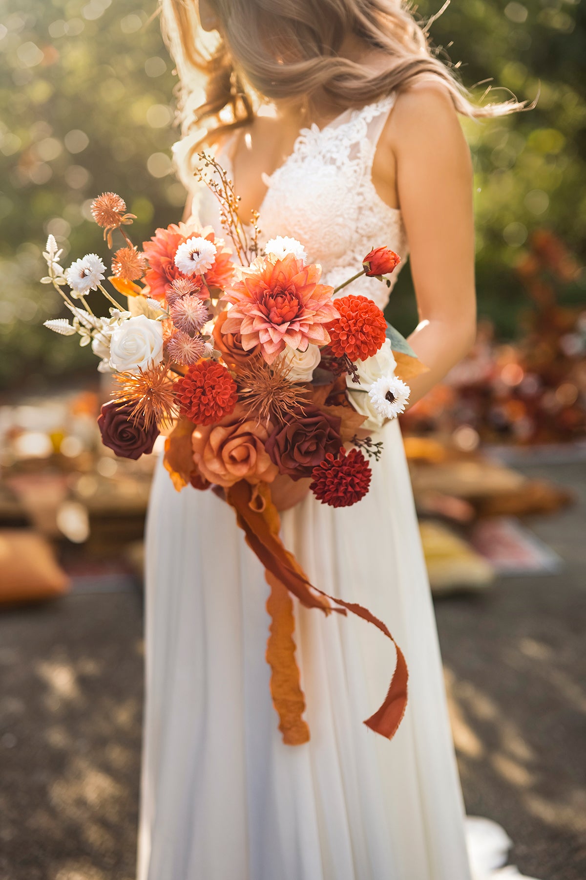 Small Free-Form Bridal Bouquet in Burnt Orange & Scarlet