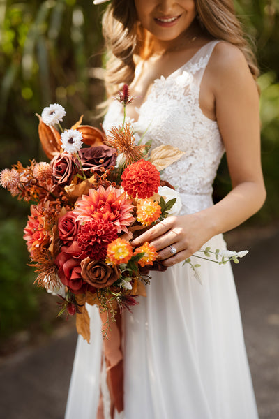 Medium Free-Form Bridal Bouquet in Burnt Orange & Scarlet
