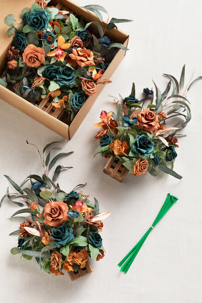 Wedding Aisle Runner Flower Arrangements in Dark Teal & Burnt Orange