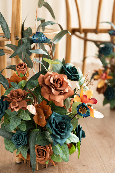 Wedding Aisle Runner Flower Arrangements in Dark Teal & Burnt Orange
