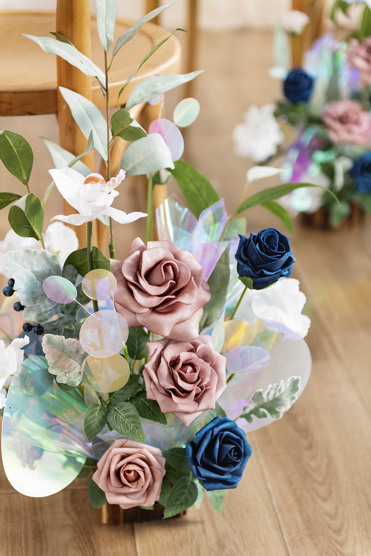 Wedding Aisle Runner Flower Arrangements in Dusty Rose & Navy