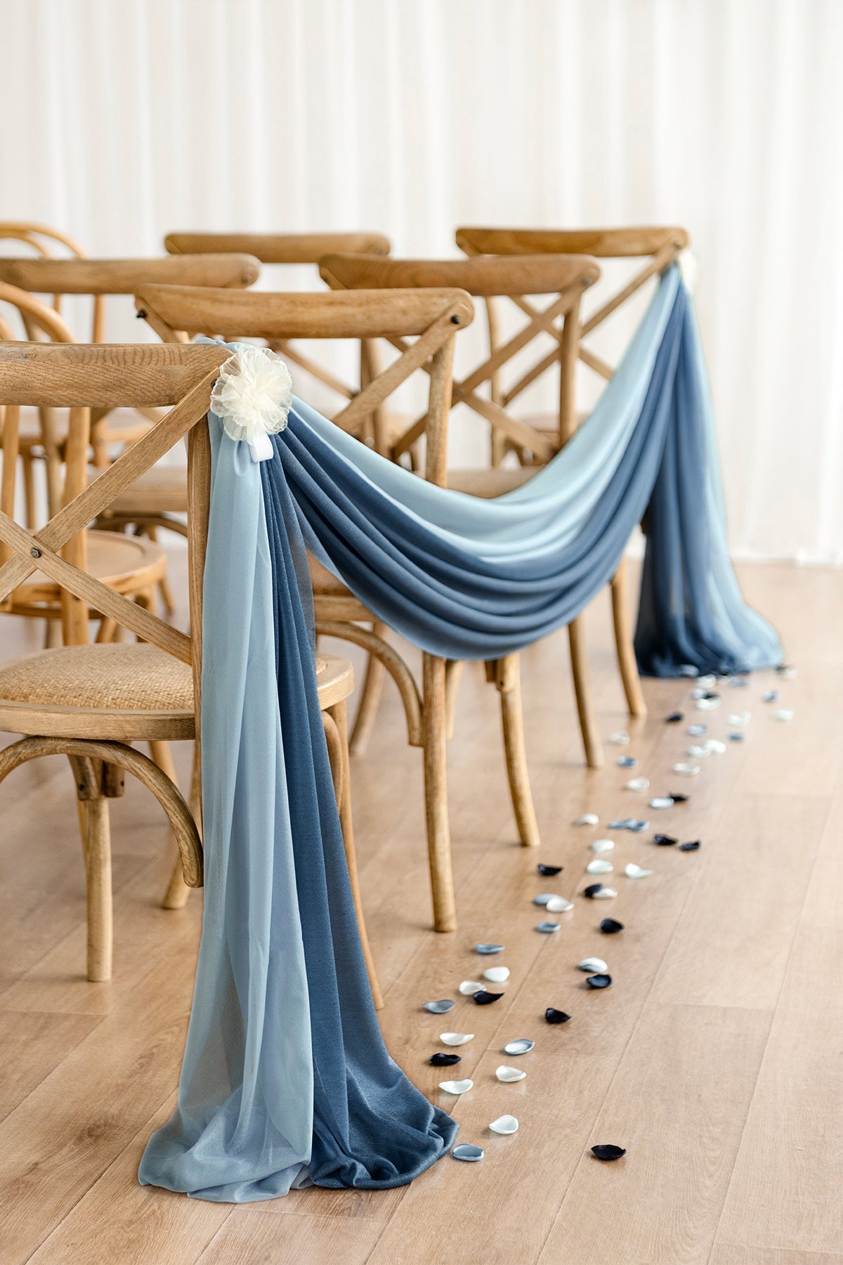 Sheer Aisle Swags for Church Wedding in Dusty Rose & Navy
