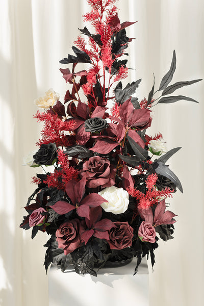 Oversized Free-Standing Ground Flower Arrangements in Moody Burgundy & Black