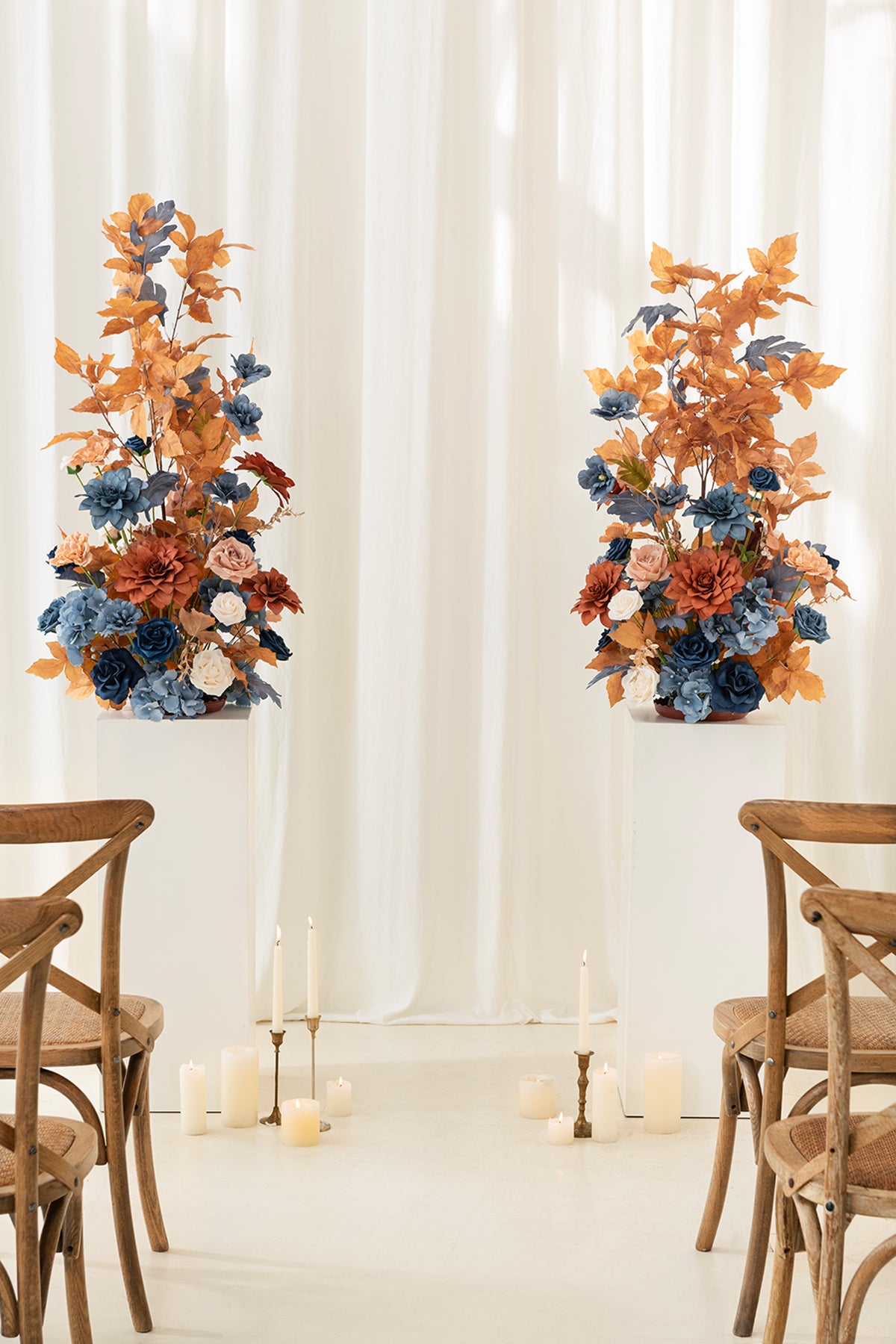 Oversized Free-Standing Ground Flower Arrangements in Russet Orange & Denim Blue