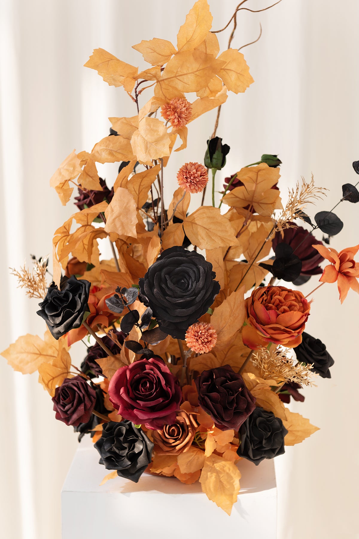 Oversized Free-Standing Ground Flower Arrangements in Black & Pumpkin Orange