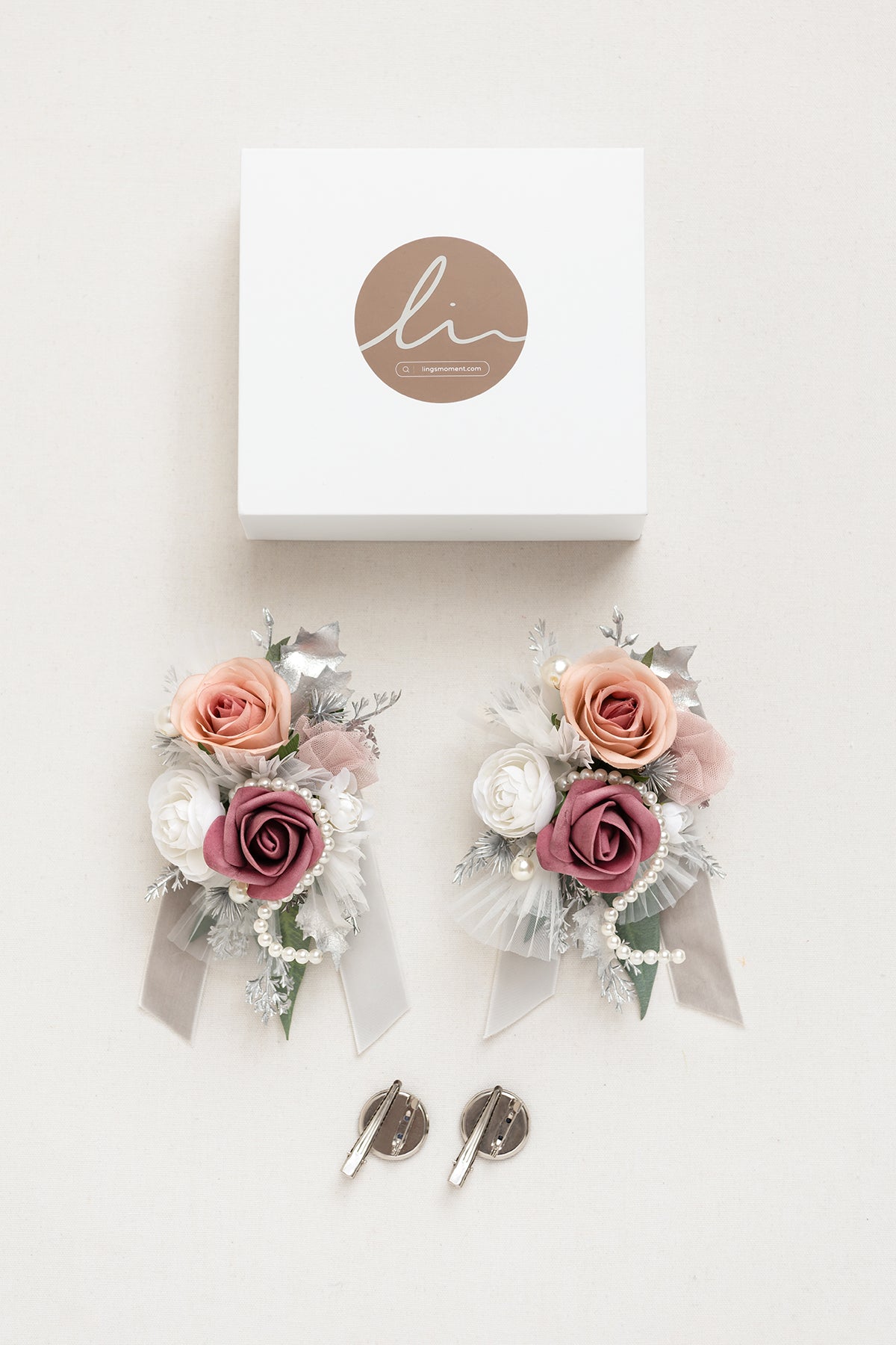 Wrist and Shoulder Corsages in Dusky Rose & Silver | Clearance