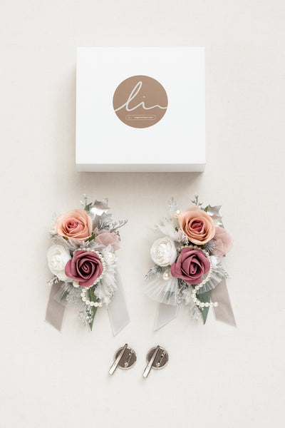 Wrist and Shoulder Corsages in Dusky Rose & Silver | Clearance