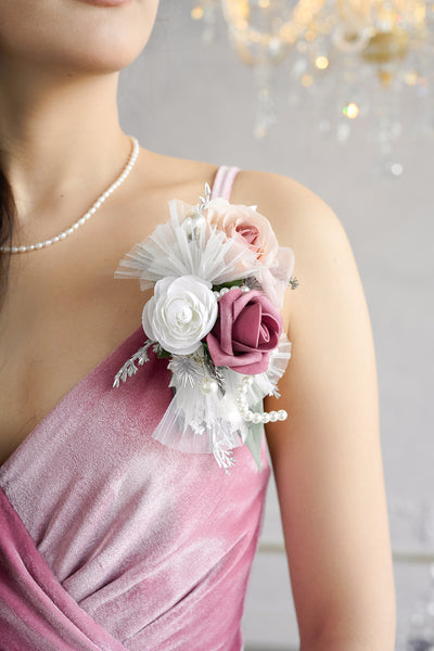 Wrist and Shoulder Corsages in Dusky Rose & Silver | Clearance
