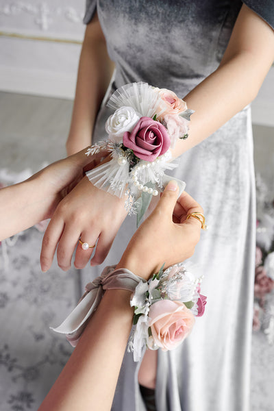 Wrist and Shoulder Corsages in Dusky Rose & Silver | Clearance