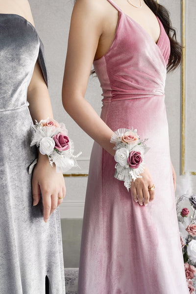 Wrist and Shoulder Corsages in Dusky Rose & Silver | Clearance