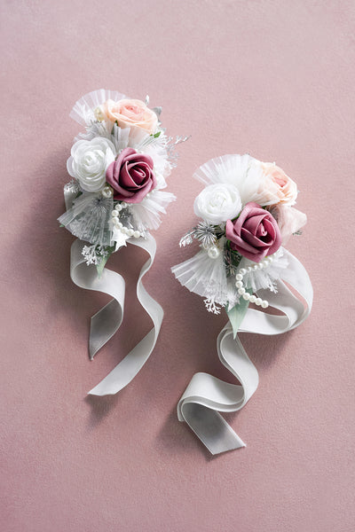 Wrist and Shoulder Corsages in Dusky Rose & Silver | Clearance