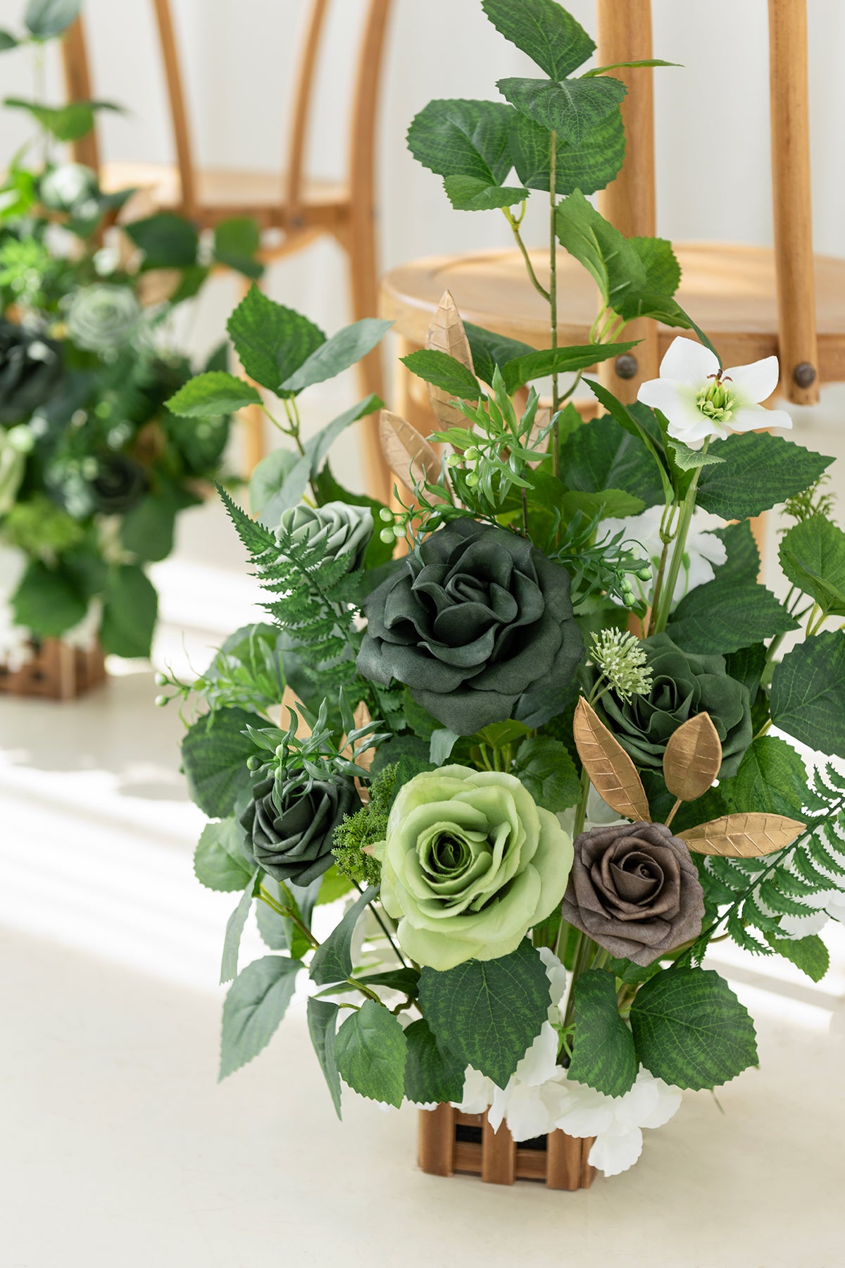 Wedding Aisle Runner Flower Arrangements in Forest Green & Gold | Clearance