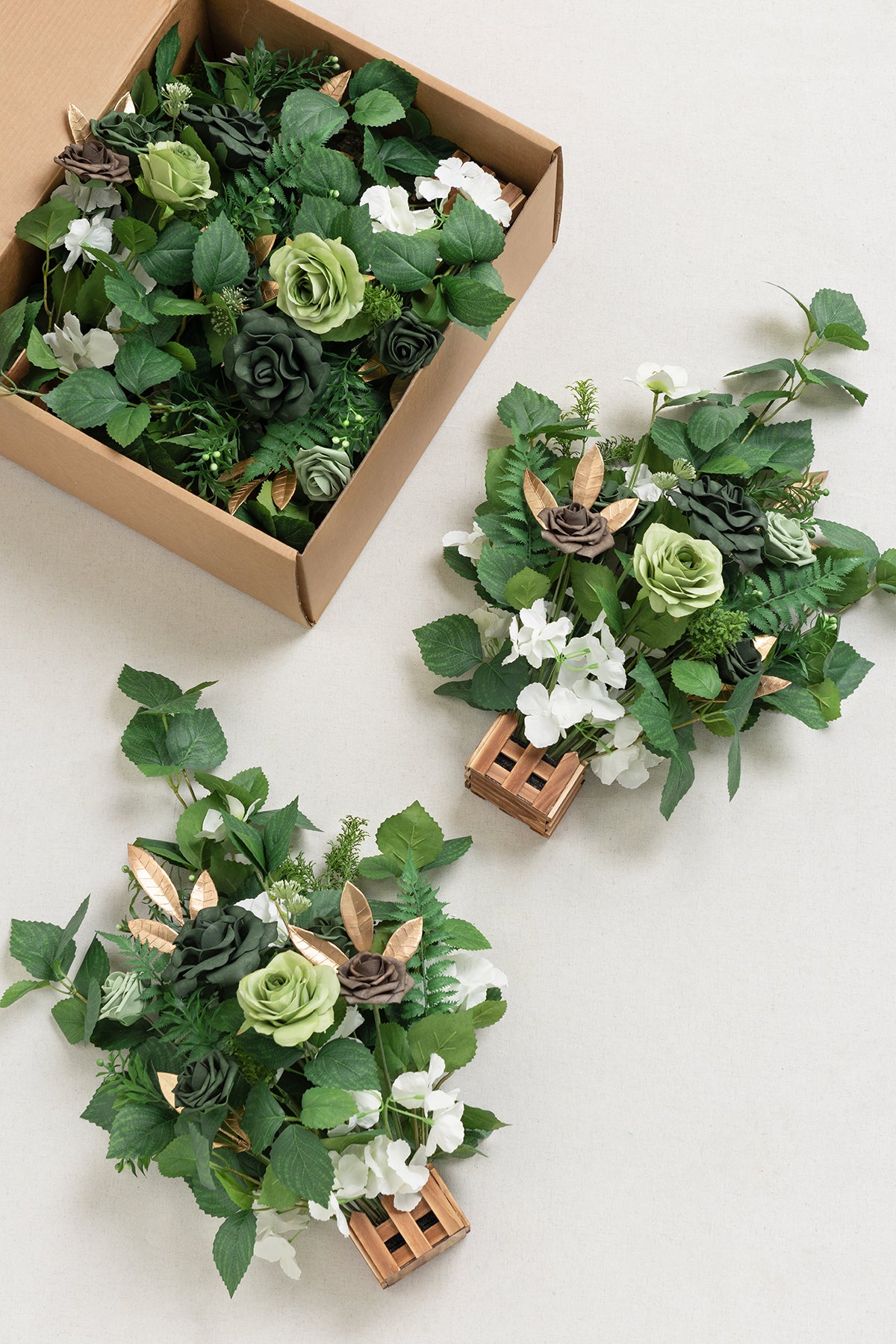 Wedding Aisle Runner Flower Arrangements in Forest Green & Gold | Clearance