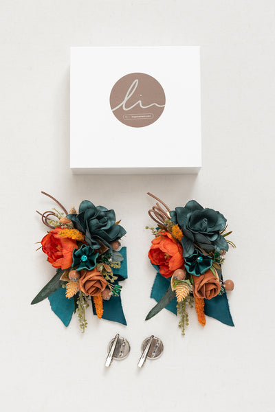 Wrist and Shoulder Corsages in Dark Teal & Burnt Orange | Clearance