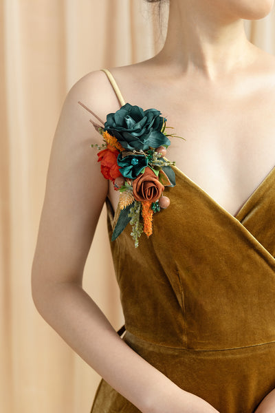 Wrist and Shoulder Corsages in Dark Teal & Burnt Orange | Clearance